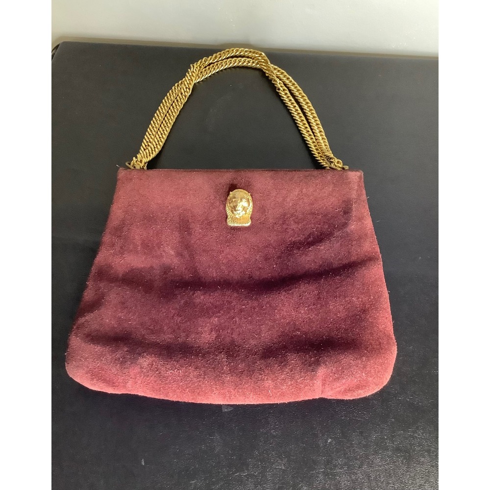 Vintage Ruth Saltz Burgundy Suede Lion Head Handbag Gold Chain Handle Wine Red